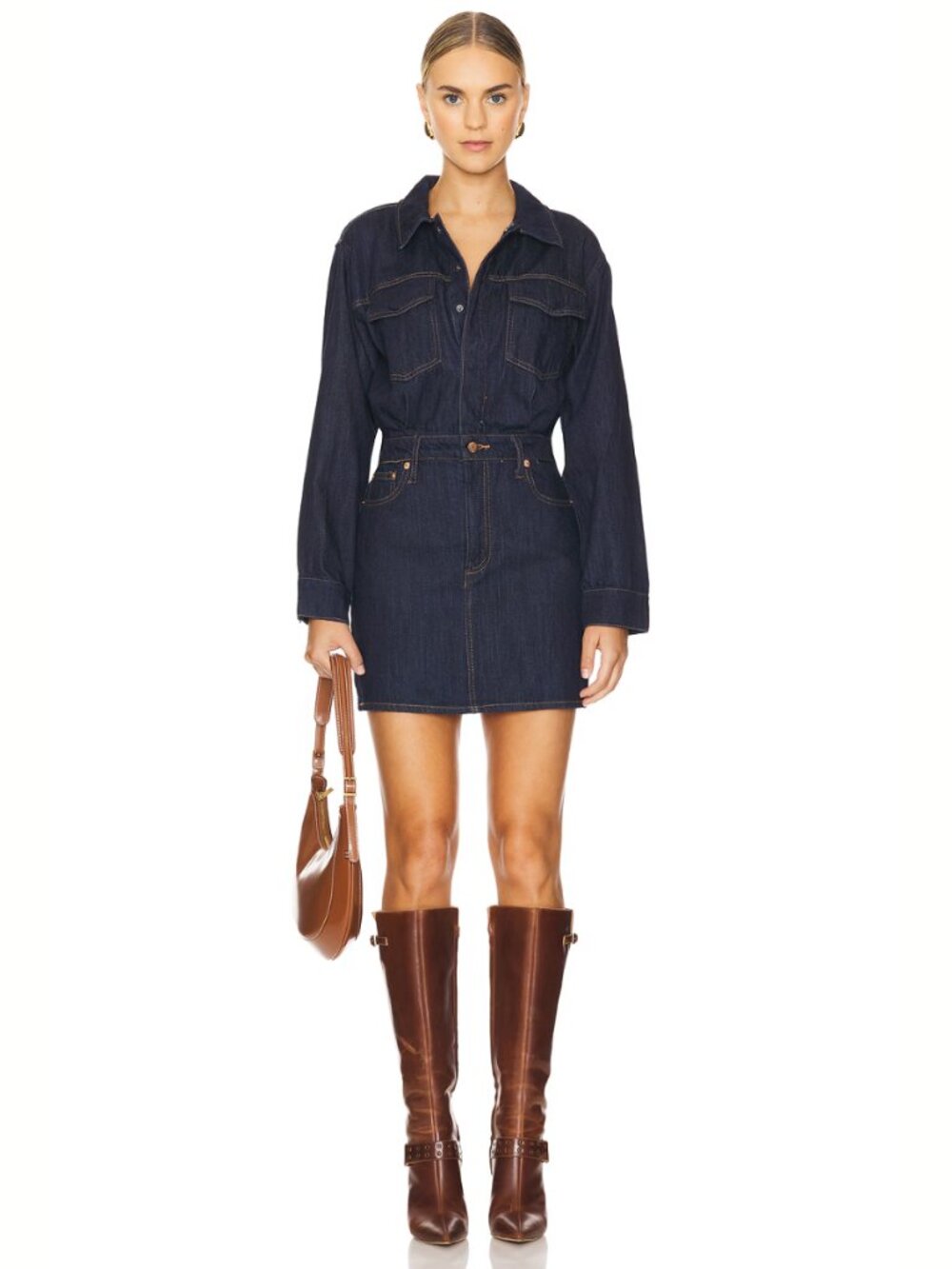 Pistola Nina Long Sleeve Denim Mini Dress Dark Blue Rigid Cotton Shirt Dress